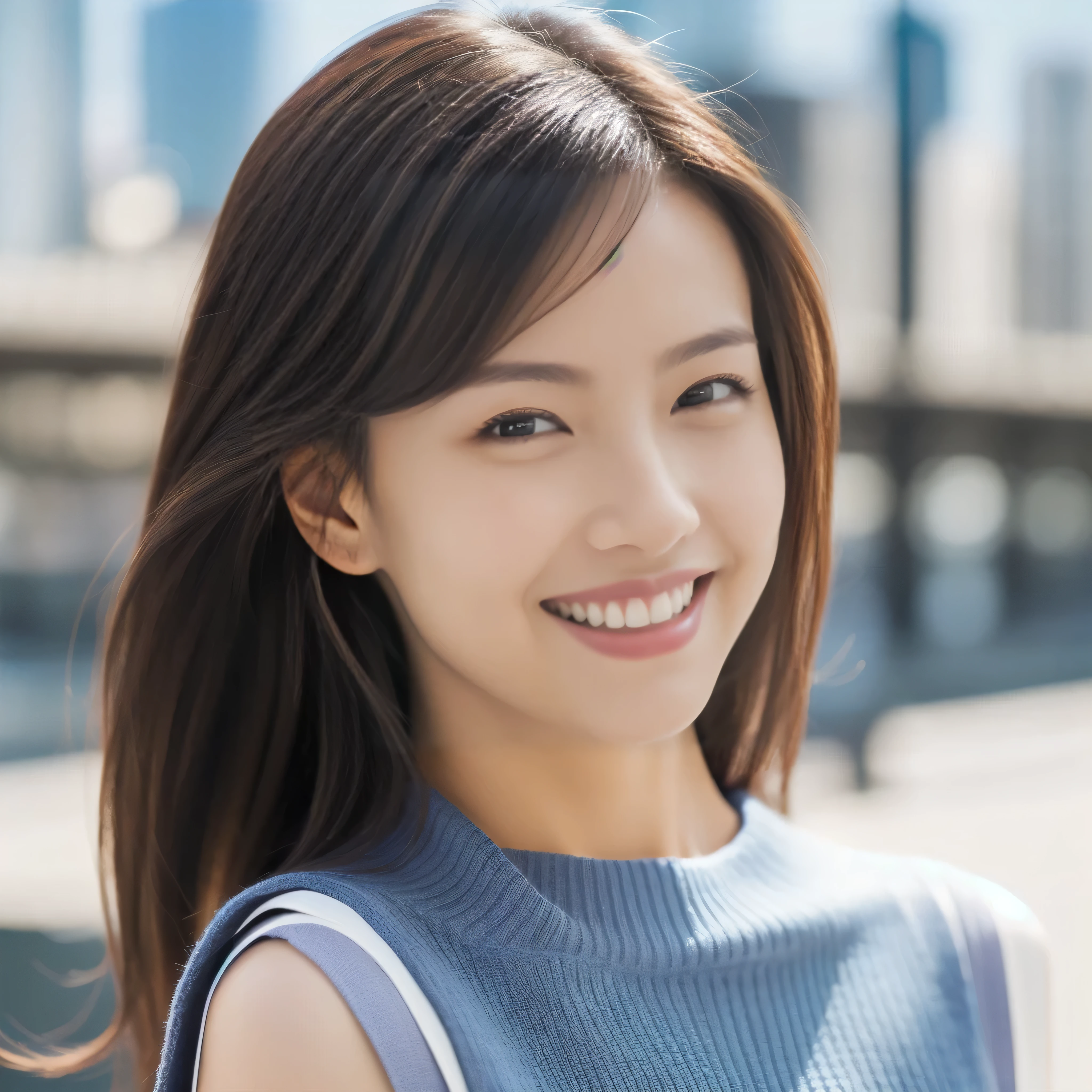 The face of a hostess、British high neck sleeveless knit、High quality、Ultra-realistic、fine、Smiling face、Slim perfect figure、Japanese beauty、 Perfect Eyes、Radiant Skin、Business city background