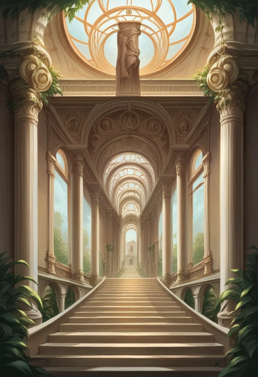 a highly detailed oil painting of an ancient Roman palace, intricate architectural details, classic columns, ornate decorations, grand staircase, opulent interior, sunlit rooms, lavish furnishings, lush greenery, detailed textures, dramatic lighting, photorealistic, cinematic composition, elegant symmetry, warm color palette, masterpiece