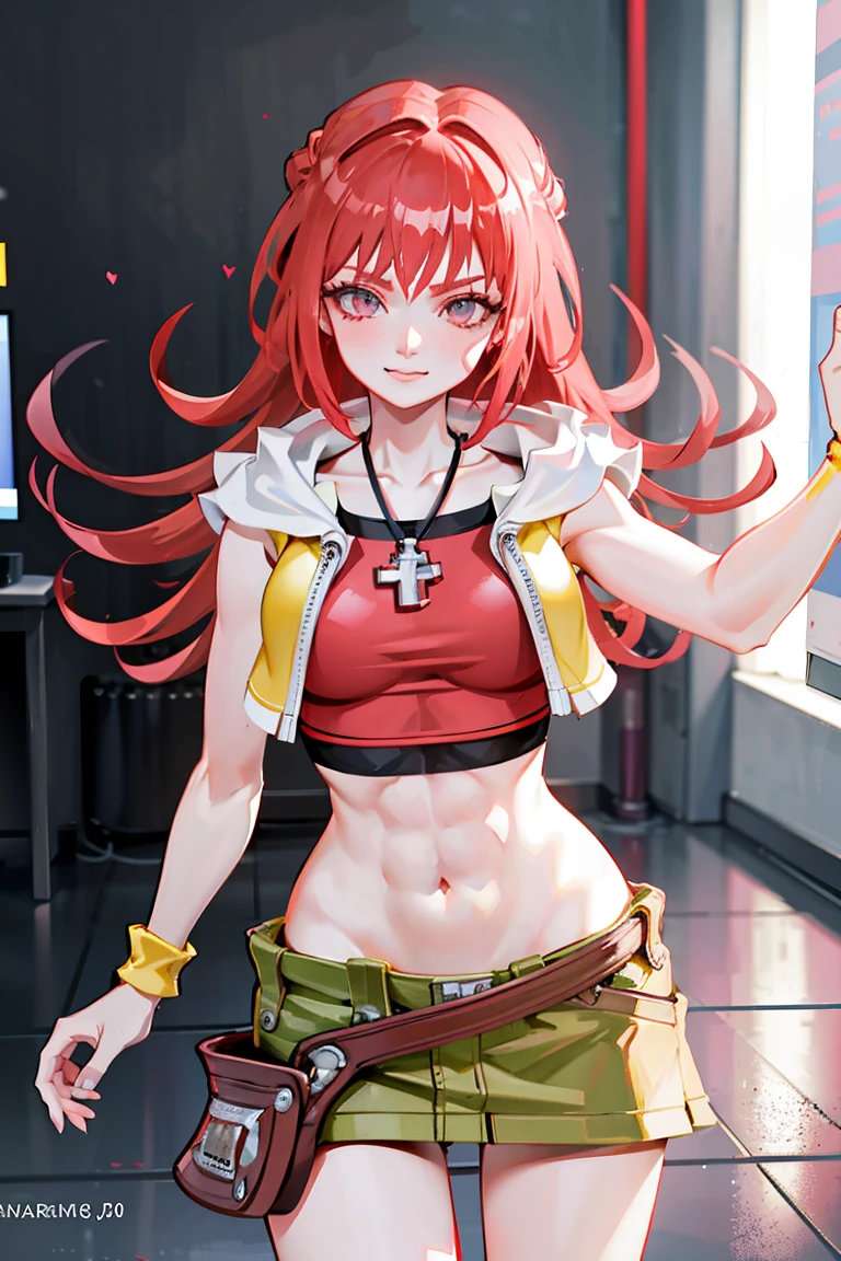 redhaired girl as a superheroine, straight redhaired, bangs, skirt,  super powerful, pink eyes, midriff, riding boots, white socks, toned arms, toned abs, tall and sexy, powerful, superb face, perfect body, tall, happy, smug, large chest, choker collar, 20yo, toned abs, evil smirk, 20yo