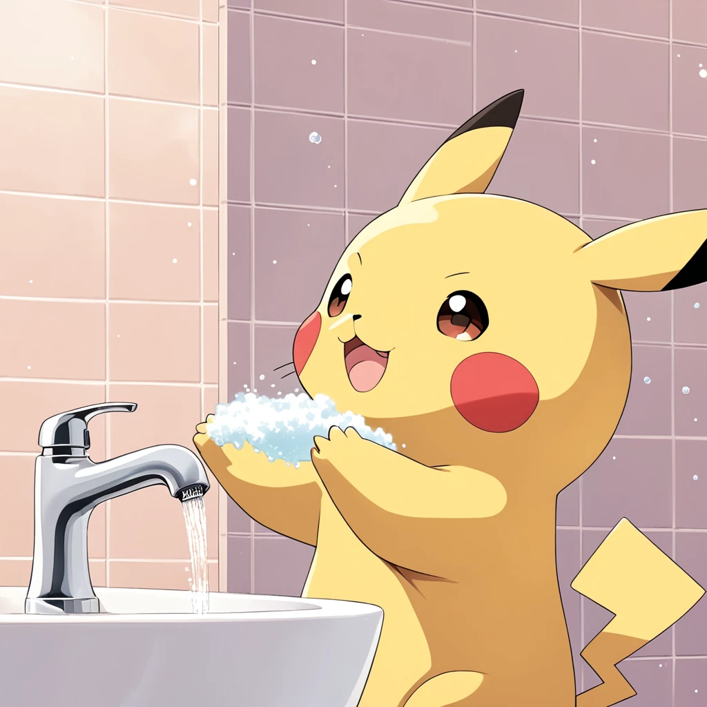 Cute Pikachu washing his face in the bathroom、pastel colour