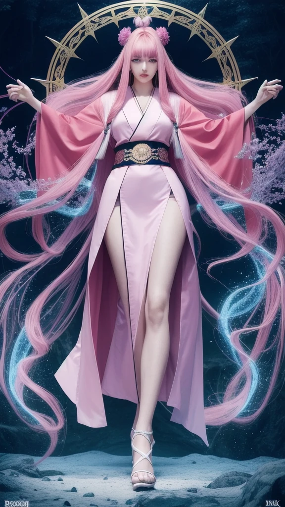A powerful wizard, standing in a mystical forest. Flowing robes adorned with symbols, arms outstretched, eyes glowing with mystical energy. Spells leak from his mouth, vibrant, swirling patterns of dark magic appear in the air, pulsating with hues of red and blue. Enchantment permeates, blossoms, and creatures gaze in awe. Threads of magical energy dance, revealing hidden realms, unraveling secrets. Capturing the essence of this enchanting moment, the mysterious power of dark magic comes to life on a canvas of the highest quality and finest detail, (best quality,4k,8k,highres,masterpiece:1.2),ultra-detailed,(realistic,photorealistic,photo-realistic:1.37), Night, (((natural light))), (skin), ((breath)), (silver hair, even bangs, even long long hair, blunt bangs), exquisite hair, red headdress, blue highlights, hair over one eye, purple eyes, earrings, piercing eyes, pink lips, pretty face, ((pure kimono)), ((pink kimono)), ((symmetrical eyes)), ((perfect symmetrical body)), (pureerosface_v1:0.3),