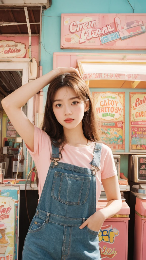 Portrait MagMix Girl look at camera, long hair, Overalls, Retro ice cream parlor with pastel-colored walls, a classic soda fountain counter, and vintage ice cream posters, bathed in bright sunlight, analog film photo, Kodachrome, pale skin, Korean girl