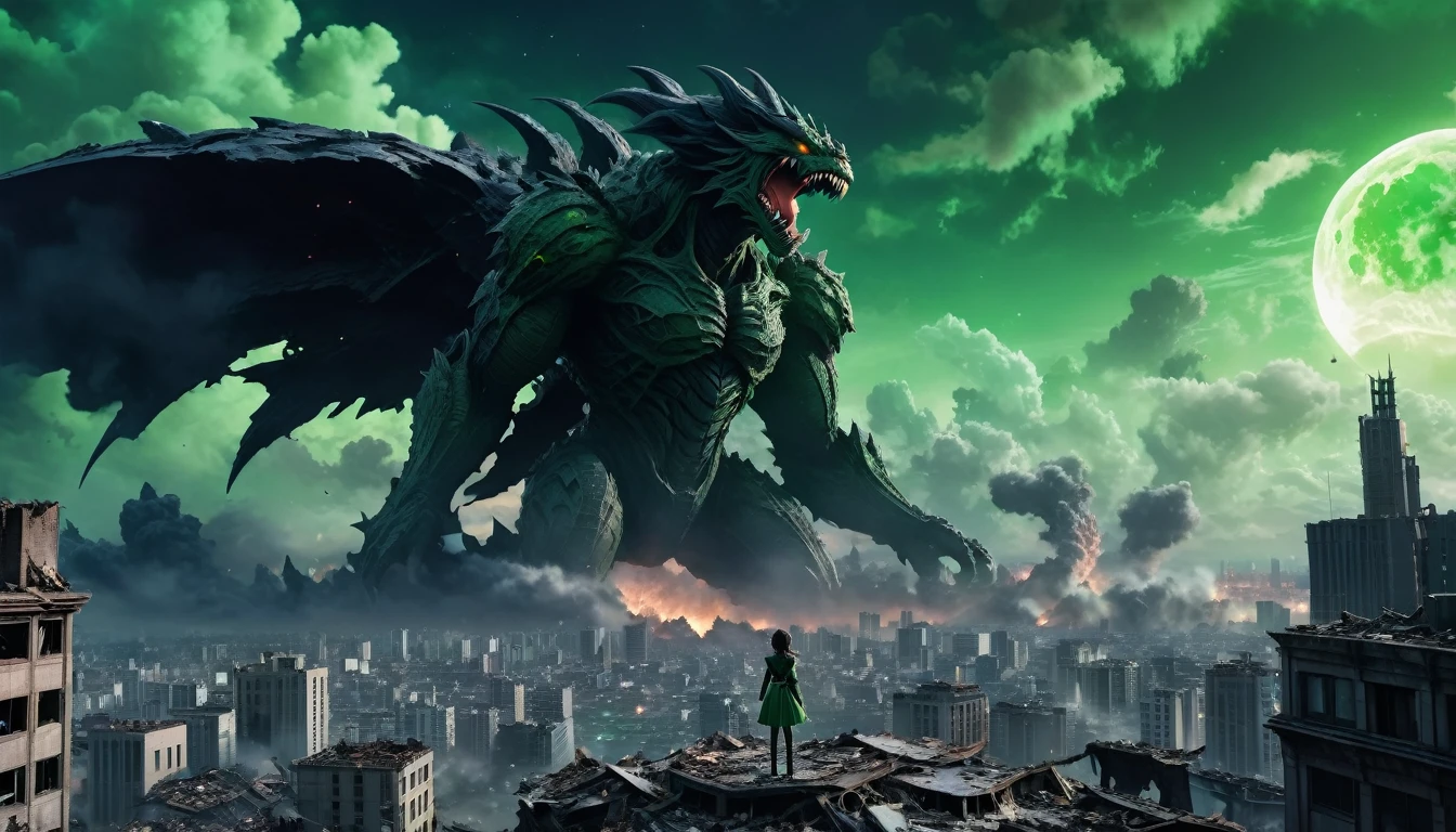 8K high-resolution images, Woman standing on top of a building,anime, A city destroyed by a space monster, Devouring people, Corpses Everywhere, Green sky and black clouds,The wind is blowing, In the background is a giant space monster devouring the moon.. 