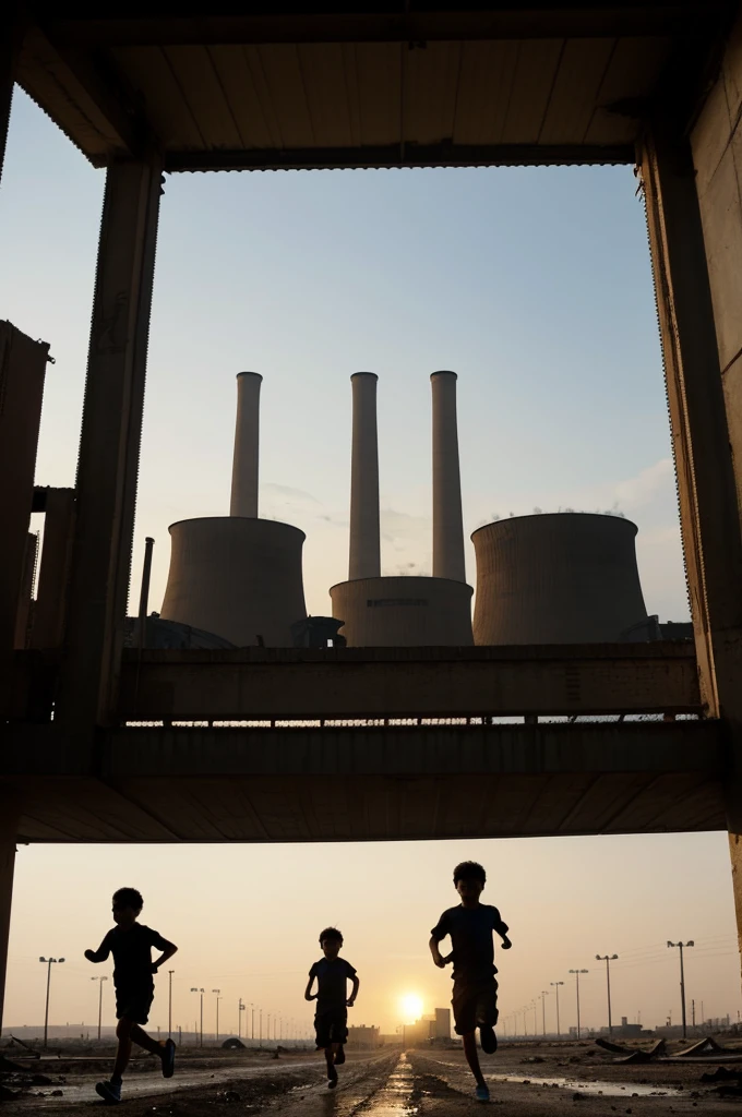 Silhouette of kids running with huge cooling towers in the background and a view of a desolate and abandoned city.