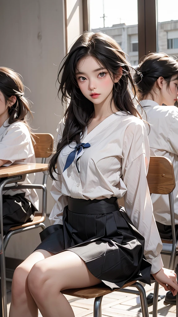 The location is a school classroom、I am a high school boy with long bangs.。The person sitting next to me in the same class was a beautiful high school girl who was half French and half Japanese.、Anyway, her face is beautiful、Beautiful blue eye color、She has beautiful long straight hair that is light blonde in color.、The outfit is a sailor suit, a Japanese , with a white blouse and a grey skirt.。They are sitting side by side on chairs and taking classes next to each other.。
