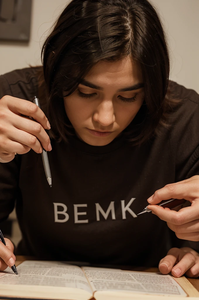 Make me a picture of man writing on someone book, with close up