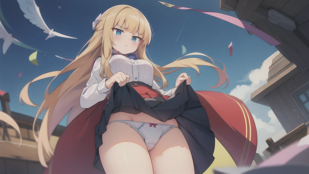 1 woman, skirts, (show off g-string detailed pantie), (hands skirt lift), from front, cowboy shot, BREAK annoyed,shoot from below,Blonde,long hair,angel