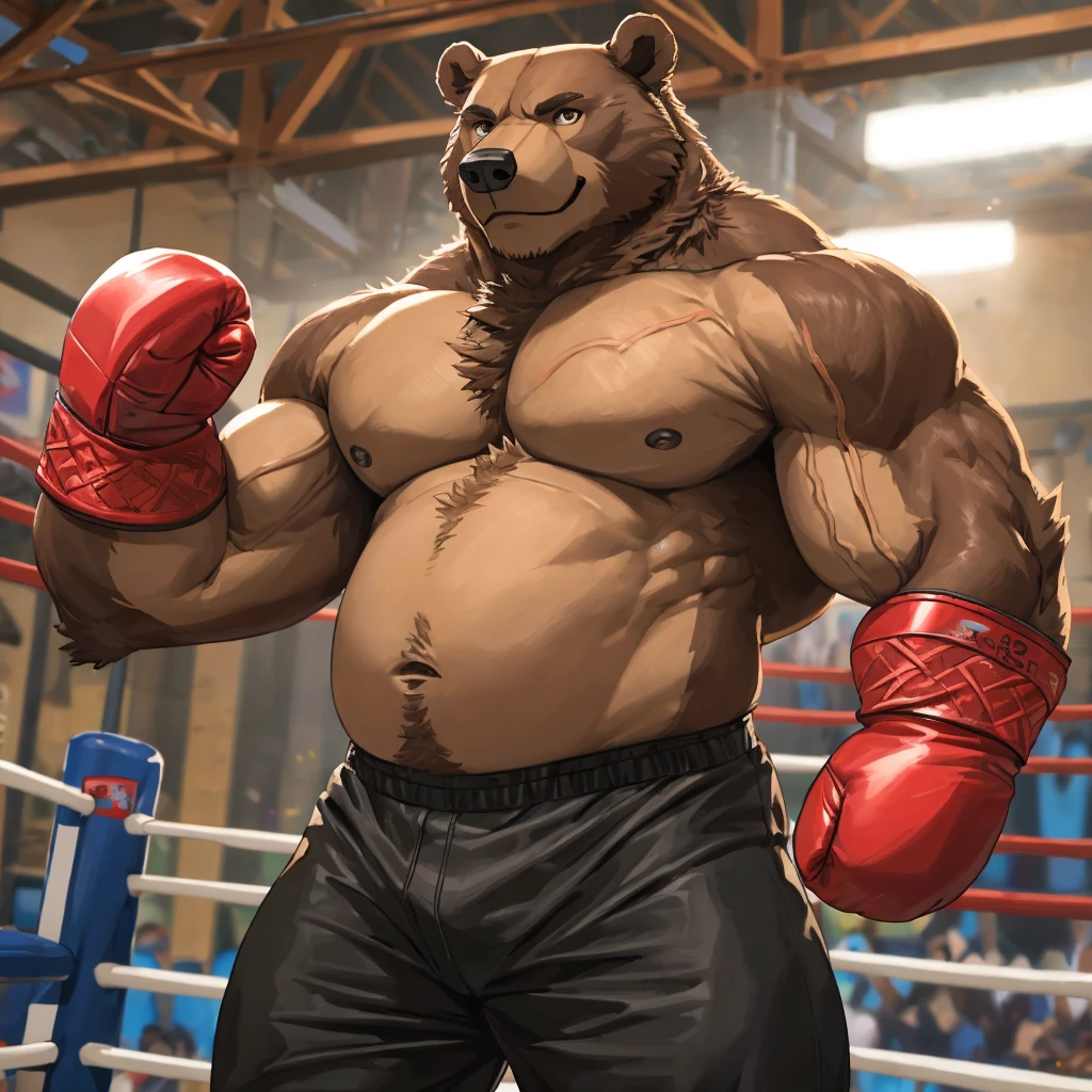 Solo, 1boy, a huge muscular kodiak brown bear, extremely detailed brown fur, powerful pecs, beer belly, veins popping,red boxing gloves, black boxing pants with red line, flexing for boxing victory, masterpiece, 8k, ultra-detailed,realistic,photo-realistic,physically-based rendering,vivid colors