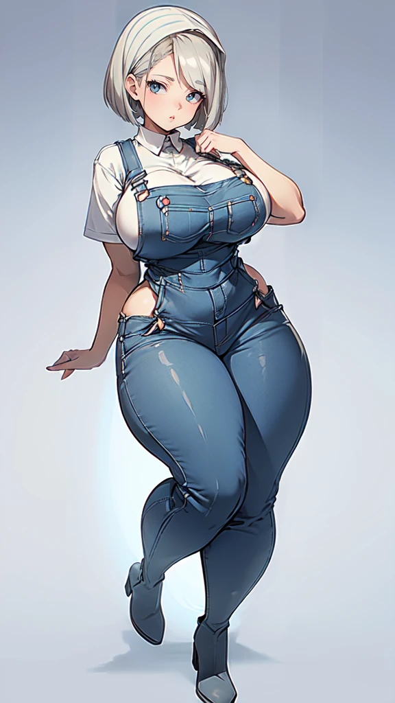 ((blank background)), masterpiece, best quality, silver hair, (curvy:1.7), (massive breast:1.5), ((full body framing)), (long legs:1.6), symmetry, farmer woman, (blue overalls), long boots, belt below navel, lumberjack shirt, (bobcut)