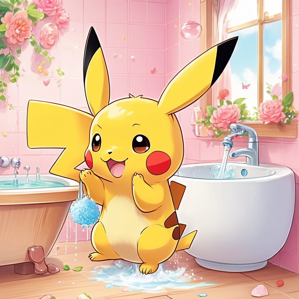 Cute Pikachu washing his face in the bathroom、pastel colour