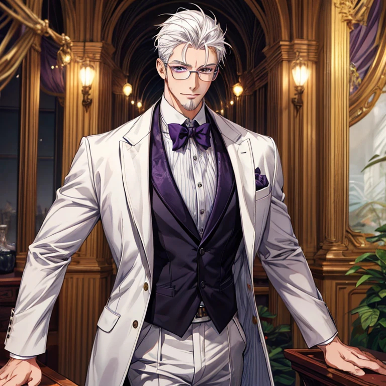 (expression:gentle)、(Mouth:Smile)、(Eyes looking into the camera),uncle,middle aged male tall,masterpiece, best quality, lifelike, 1 boy, alone, male focus, looking at the audience, , (beard:goatee),An attractive and refined man with white hair, dressed in a sleek white suit, and paired with purple eyes that seem to peer into one's soul, sportive glasses that add a scholarly touch to his demeanor. His tall and lean figure is both commanding and graceful, exuding an aura of professionalism and approachability. Despite his powerful psychological abilities, he remains ethical and uses his skills to help others.