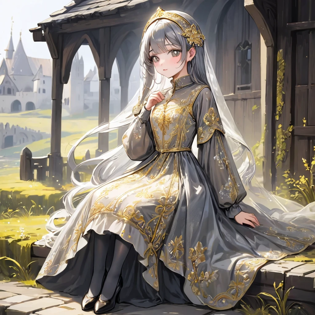 girl, Gold and silver embroidery, Platinum and pearl medieval long dress（With panniers）, Translucent fabric, Pull up the dress by hand, Strong winds, Translucent slip, Grey translucent tights, Peeking from below, Highest quality, Disorder of clothing, sit