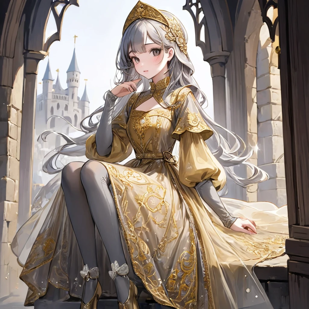 girl, Gold and silver embroidery, Platinum and pearl medieval long dress（With panniers）, Translucent fabric, Pull up the dress by hand, Strong winds, Translucent slip, Grey translucent tights, Peeking from below, Highest quality, Disorder of clothing, sit