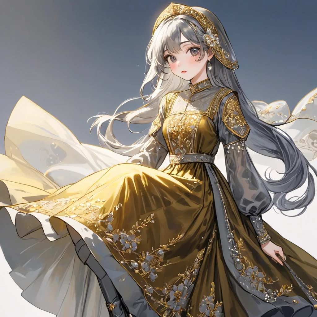 girl, Gold and silver embroidery, Platinum and pearl medieval long dress（With panniers）, Translucent fabric, Pull up the dress by hand, Strong winds, Translucent slip, Grey translucent tights, Peeking from below, Highest quality, Disorder of clothing, sit