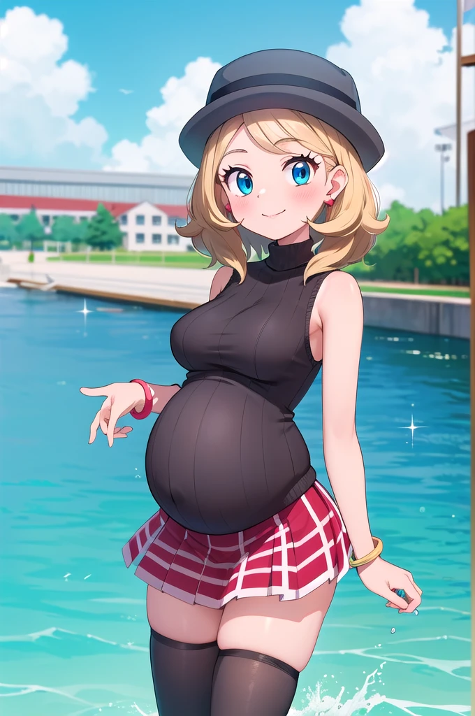 gonzarez, masterpiece, Serenaj, 1girl, grey headwear, solo, jewelry, thighhighs, sleeveless turtleneck, turtleneck, skirt, smile, sweater vest, blonde hair, earrings, hat, blue eyes, sleeveless, closed mouth, eyelashes, vest, blush, bangs, breasts, medium hair, bracelet, looking at viewer, outdoors, black thighhighs, brown thighhighs, sky, day, sparkle, shiny, cloud, pleated skirt, red skirt, water, cowboy shot, hyper-pregnant