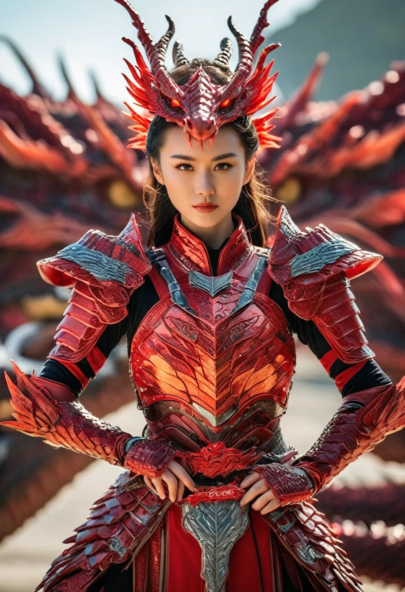 Cinematic, A fierce warrior woman stands before you, clad in a stunning red tech dragon armor is radiating tech energy . the armor is covering her whole body . The intricate armor is a mix of red and black, with bold red stripes that seem to pulsate with the dragon's magic. Her realistic appearance only adds to her awe-inspiring presence. Shot on a Sony Alpha A7 III camera with a Zeiss Batis lens at 85mm focal length and f/2.0 aperture, hyper realistic.xianxia，guofeng