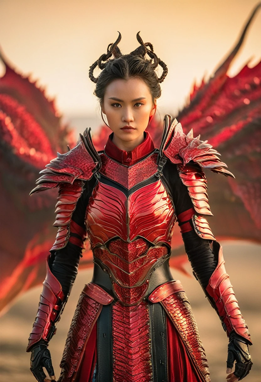 Cinematic, A fierce warrior woman stands before you, clad in a stunning red tech dragon armor is radiating tech energy . the armor is covering her whole body . The intricate armor is a mix of red and black, with bold red stripes that seem to pulsate with the dragon's magic. Her realistic appearance only adds to her awe-inspiring presence. Shot on a Sony Alpha A7 III camera with a Zeiss Batis lens at 85mm focal length and f/2.0 aperture, hyper realistic.xianxia，guofeng