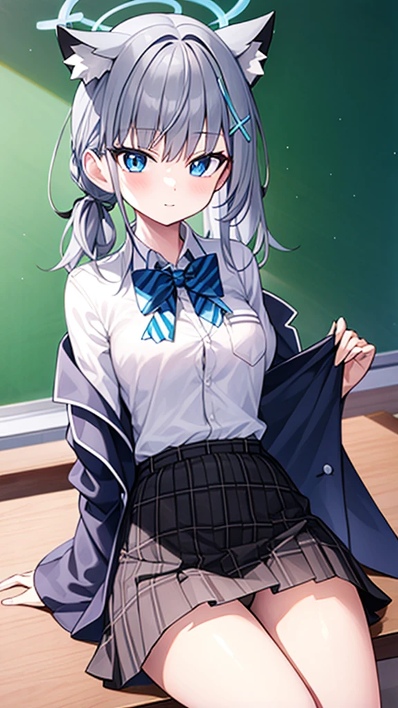 1 girl, underwear, skirt, 独自of, underwear, Chest, classroom, shirt, bow, lexistg_hair, 白色of_, skirt_lift, existindoor, Smile, Open_clothing, bowtie, Umbilical cord, watch_exist_audience, clothing_lift, 白色of_shirt, table, School_, blush, School_table, Bangs, of_hair, pleexisted_skirt, blackboard, No_好of, spread_leg, 棕色of_Eye, jacket, 红色of_bow, Open_shirt, lifted_go through_我自己of, closure_Mouth, 红色of_bowtie, colla红色of_shirt, lexistg_sleeve, Side lock, Comfort_Chest, Dutch_angle, skirt_shirt, sit, leave_Shoulder, big leg, Open_jacket, Stomach, exist_table, Set, Flash, chair, 黑色of_skirt,