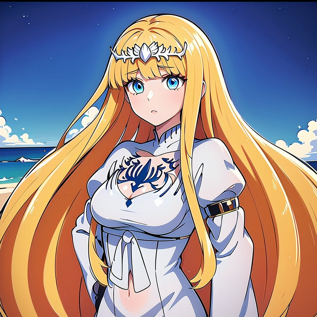 (Masterpiece, best quality), 1girl, solo, Calca, Calca Bessarez, blonde hair, (extremely long hair:1.3), very long hair, white tiara, white dress, blue eyes, medium chest, long straight hair, mature female, 25 years old,