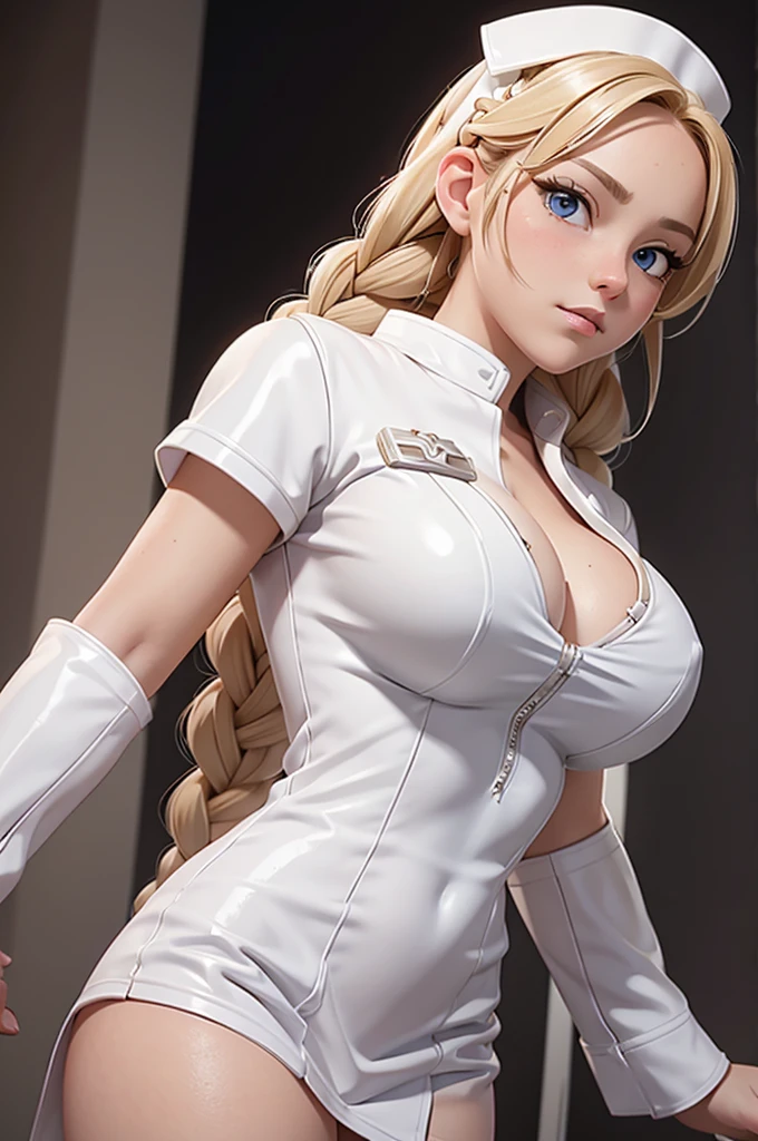 One girl, Blonde braided hair, Warrior, Dressed in shiny white leather, She is also a nurse, On the battlefield. Huge breasts, Full body shot from below