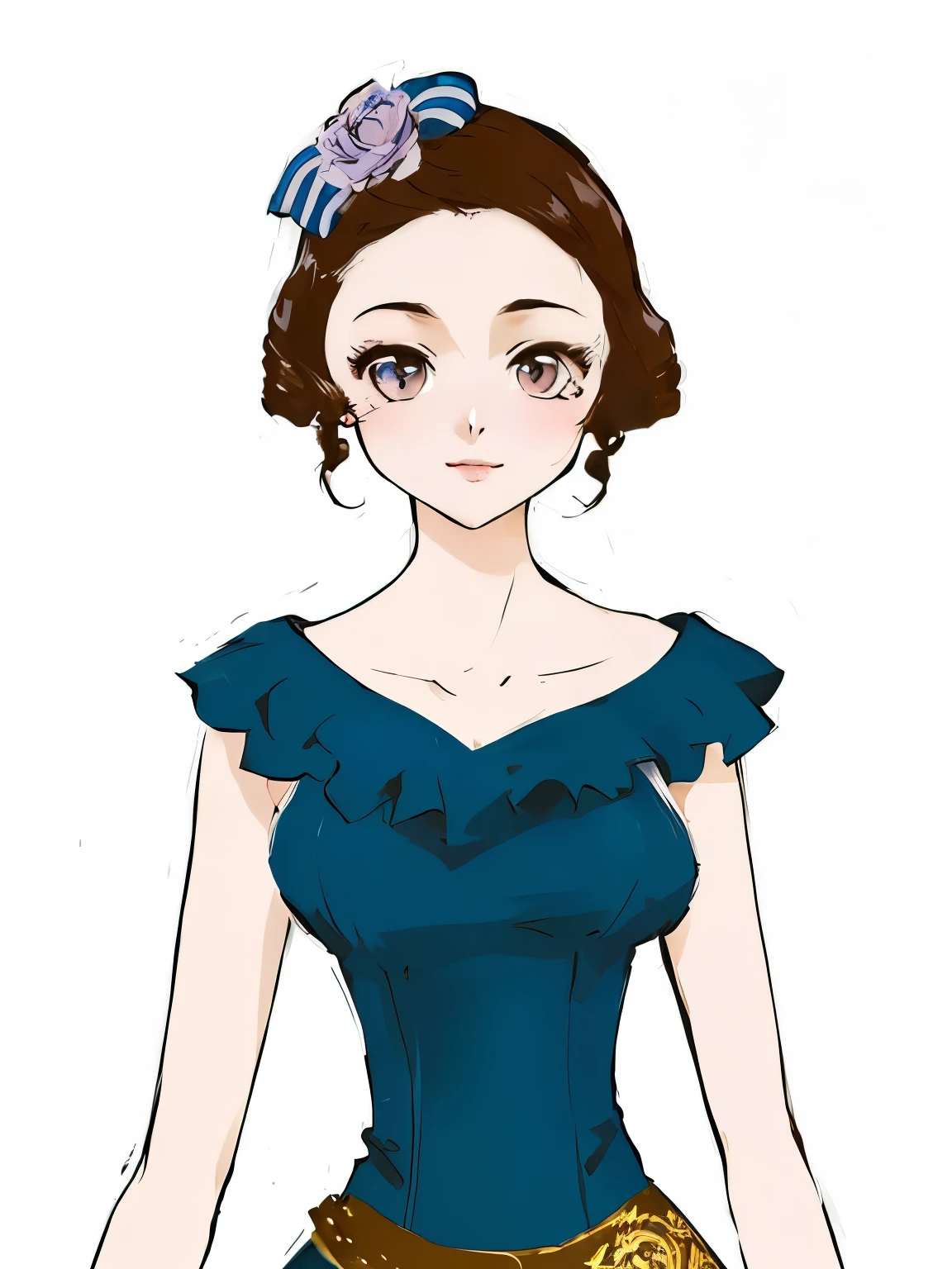 A cartoon，A person in the painting is wearing a blue dress、Lady holding cookies, Victorian Lady, young victorian sad fancy lady, female Anime Characters, Elegant digital art, Beatrice Blue, Lolita in a skirt, Beauvot Art Style, anime style character, Noble appearance, Distinguished nobles, Detailed clothing and face, Wearing an evening gown, Anime Characters，Elf ears,breasts