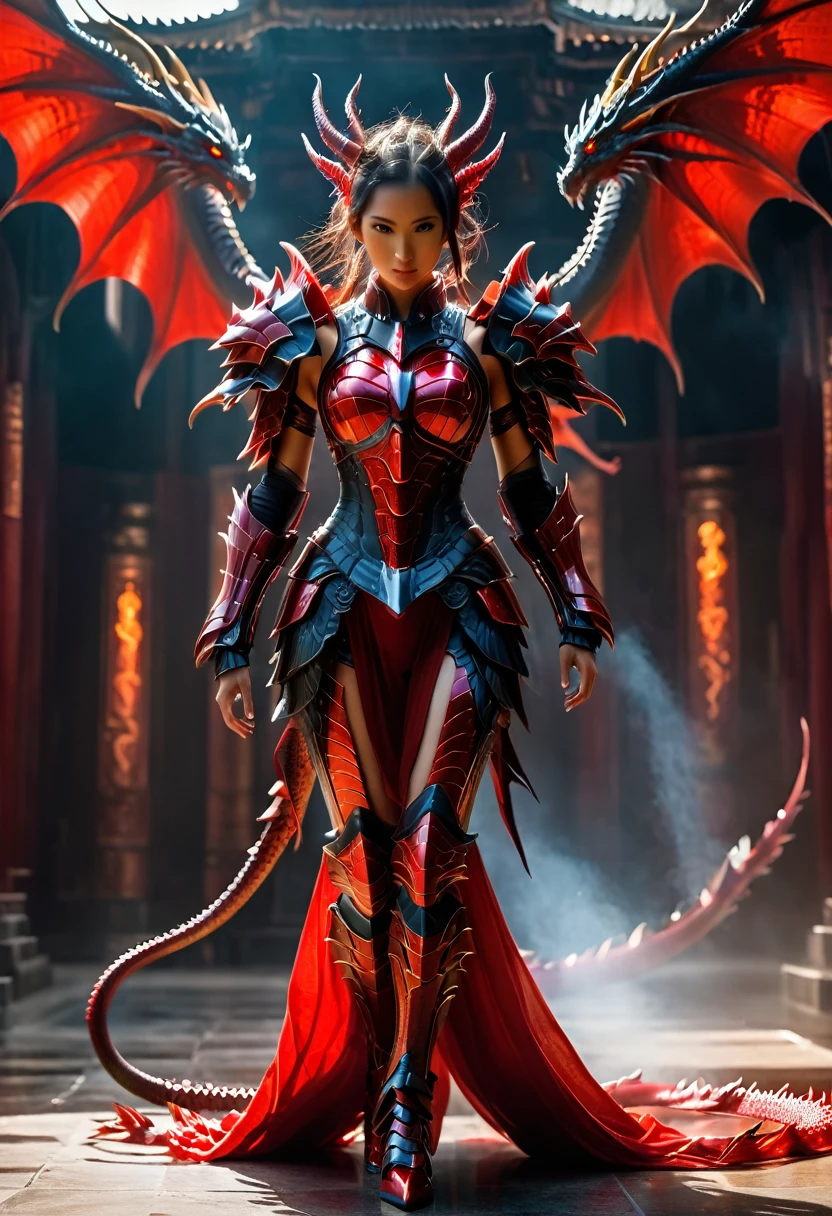 Cinematic, A fierce warrior woman stands before you, clad in a stunning red tech dragon armor is radiating tech energy . the armor is covering her whole body . The intricate armor is a mix of red and black, with bold red stripes that seem to pulsate with the dragon's magic. Her realistic appearance only adds to her awe-inspiring presence. Shot on a Sony Alpha A7 III camera with a Zeiss Batis lens at 85mm focal length and f/2.0 aperture, hyper realistic.xianxia