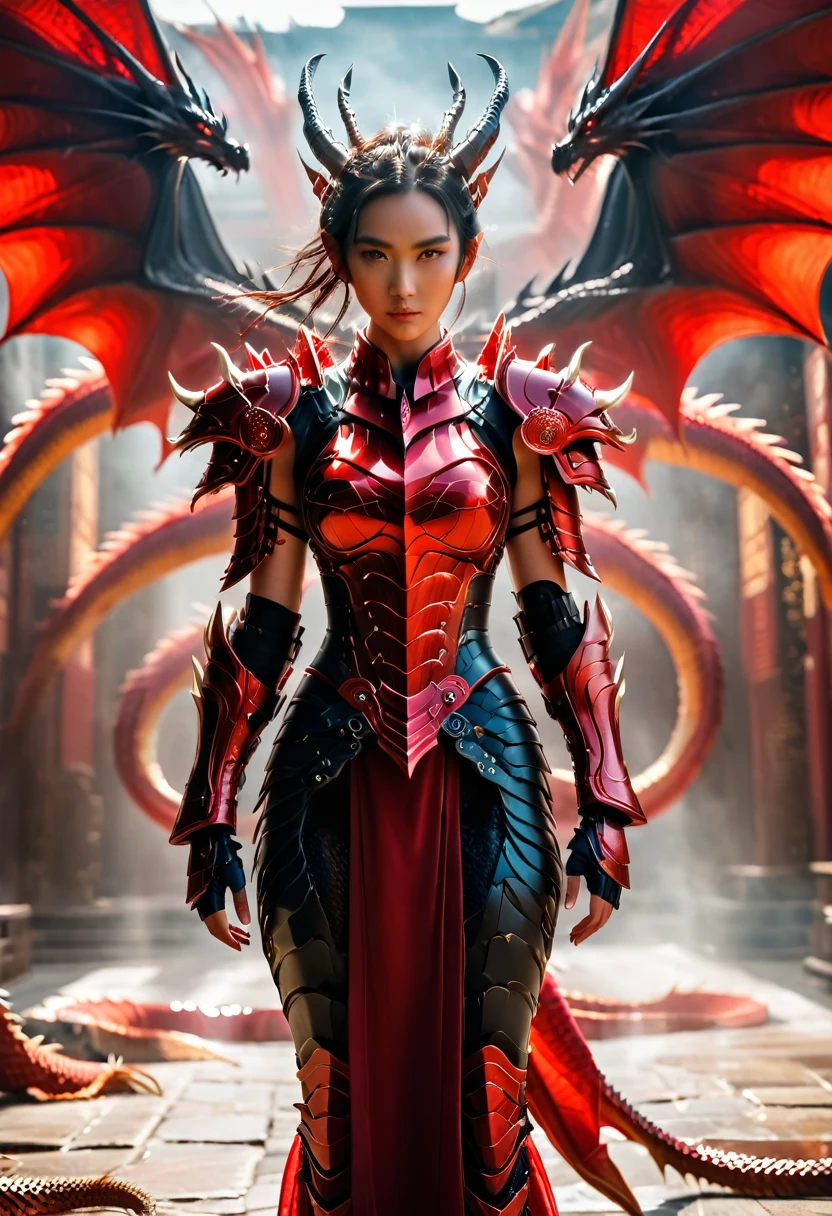 Cinematic, A fierce warrior woman stands before you, clad in a stunning red tech dragon armor is radiating tech energy . the armor is covering her whole body . The intricate armor is a mix of red and black, with bold red stripes that seem to pulsate with the dragon's magic. Her realistic appearance only adds to her awe-inspiring presence. Shot on a Sony Alpha A7 III camera with a Zeiss Batis lens at 85mm focal length and f/2.0 aperture, hyper realistic.xianxia
