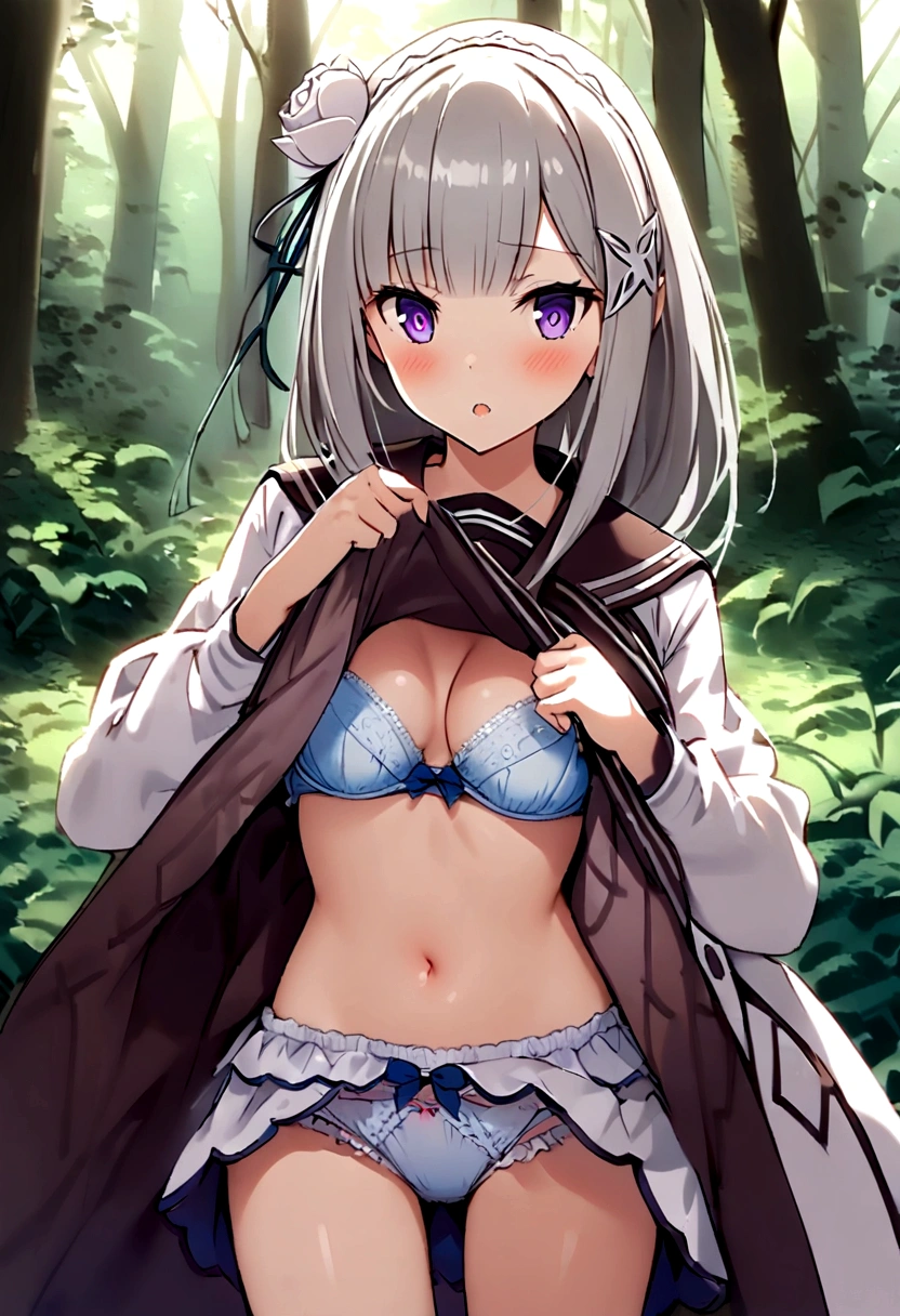 Starting Life in Another World from Zero,Emilia,Medium breast,in the forest, (((serafuku0.9))(((clothes lift)))(((show off bra))) (((frilled panties)))