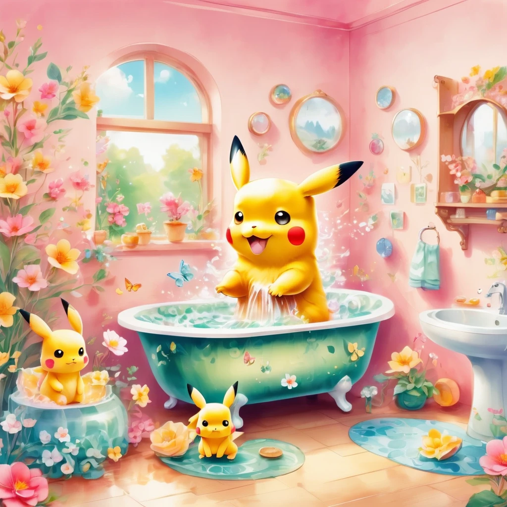 Cute Pikachu washing his face in the bathroom、pastel colour