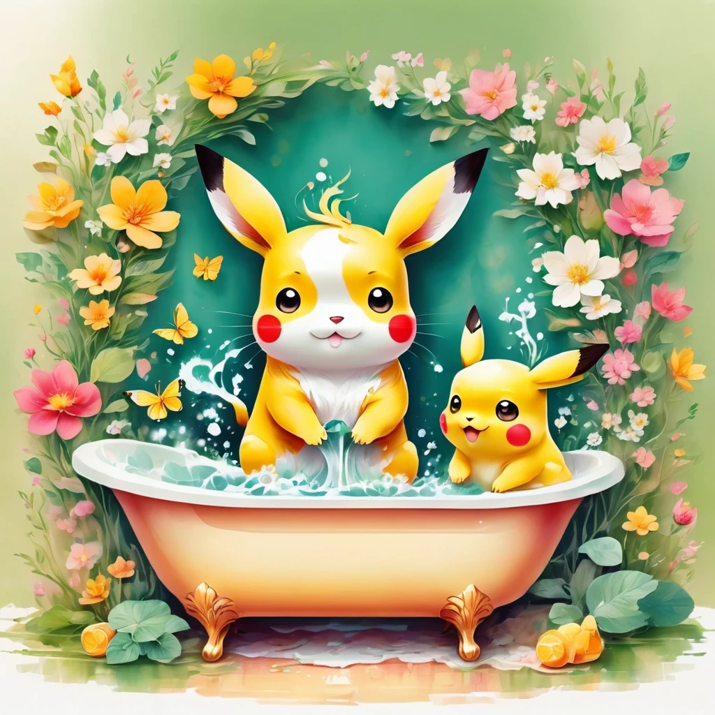 Cute Pikachu washing his face in the bathroom、pastel colour