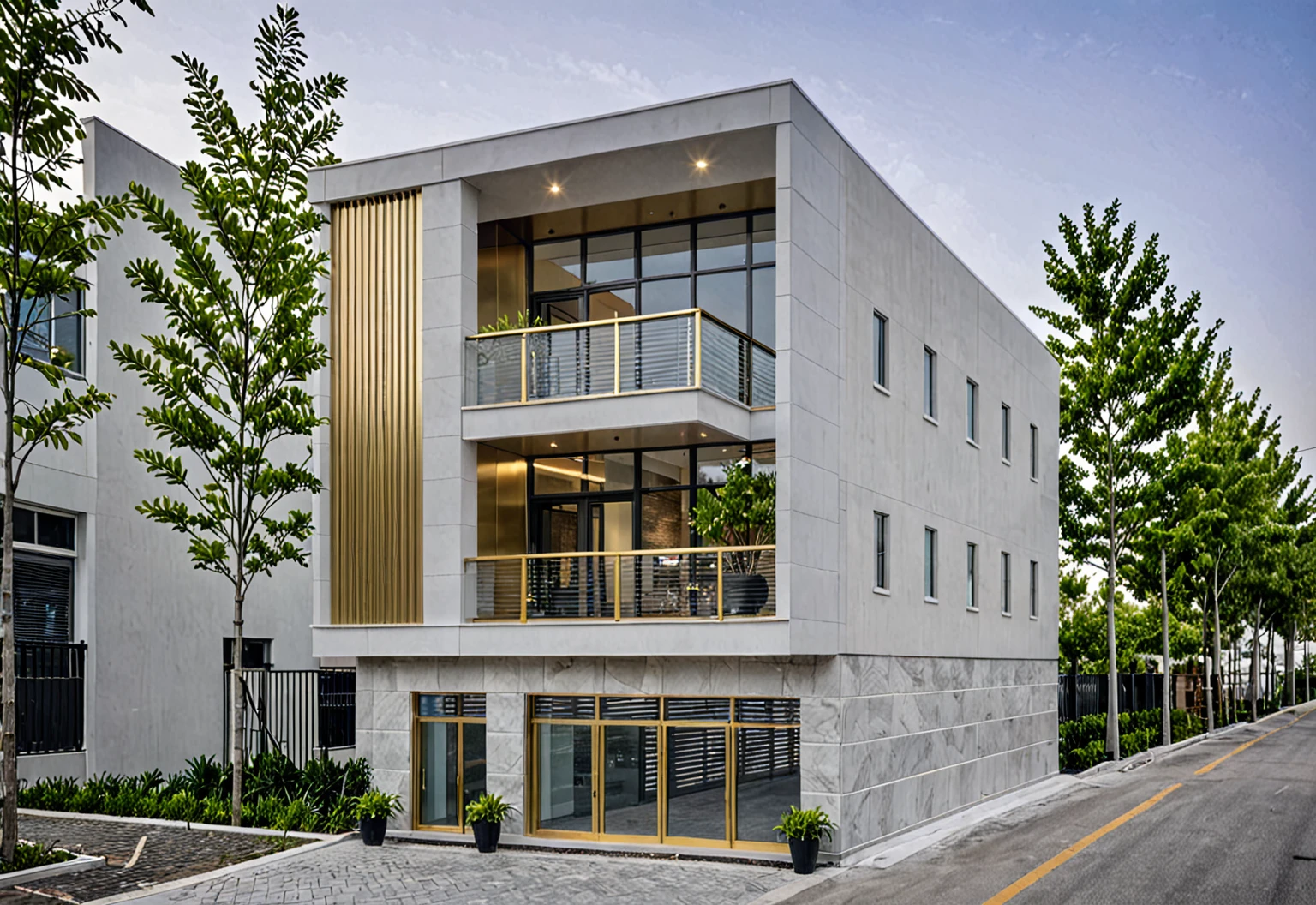 Raw photo,Masterpiece, high quality, best quality, authentic, super detail, modern style, aiaigroup,office building, decorative bars, decorative louvers, sun louvers, aluminum wall cladding, gold aluminum, glass railing,outdoors, tree, building, scenery, city, road, real world location, treet, window, balcony, glass railing, on the street, minimalist line, daylight, realistic
