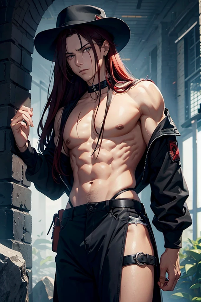 muscular tall Blood God wearing a black fedora, ripped black shirt, long red hair, grey skin, crying blood, grave in background, full body