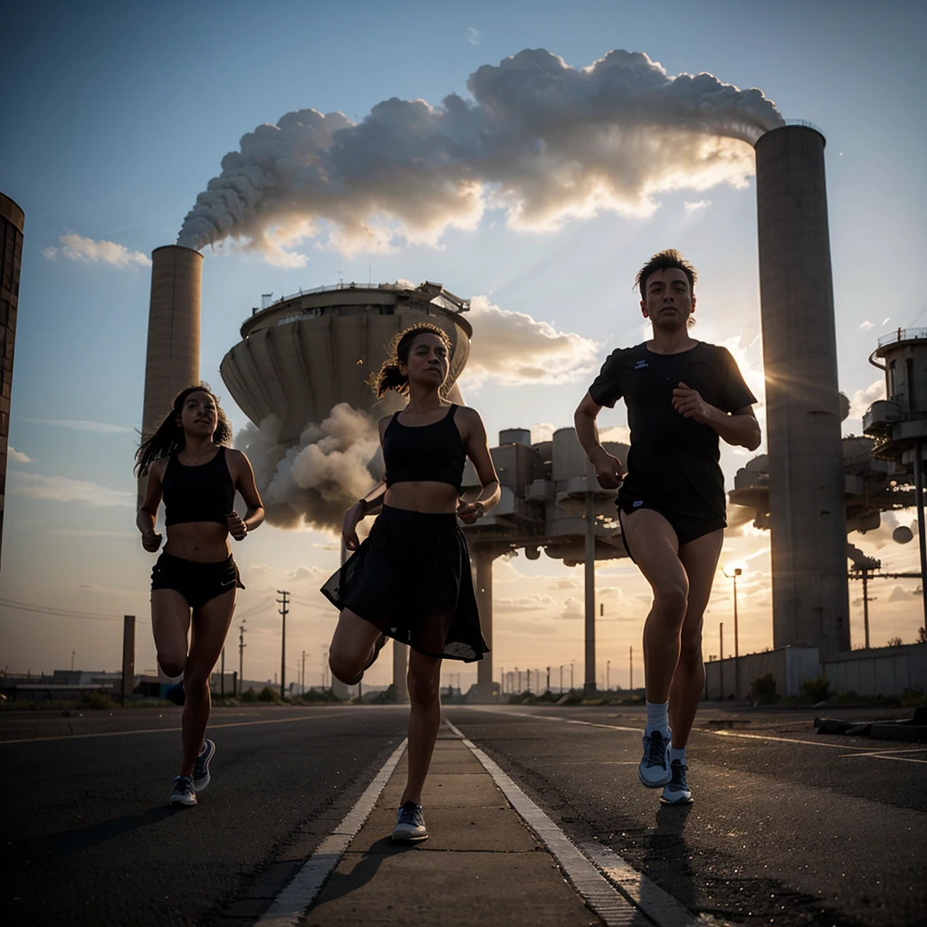 Silhouette of kids running with huge cooling towers in the background and a view of a desolate and abandoned city.