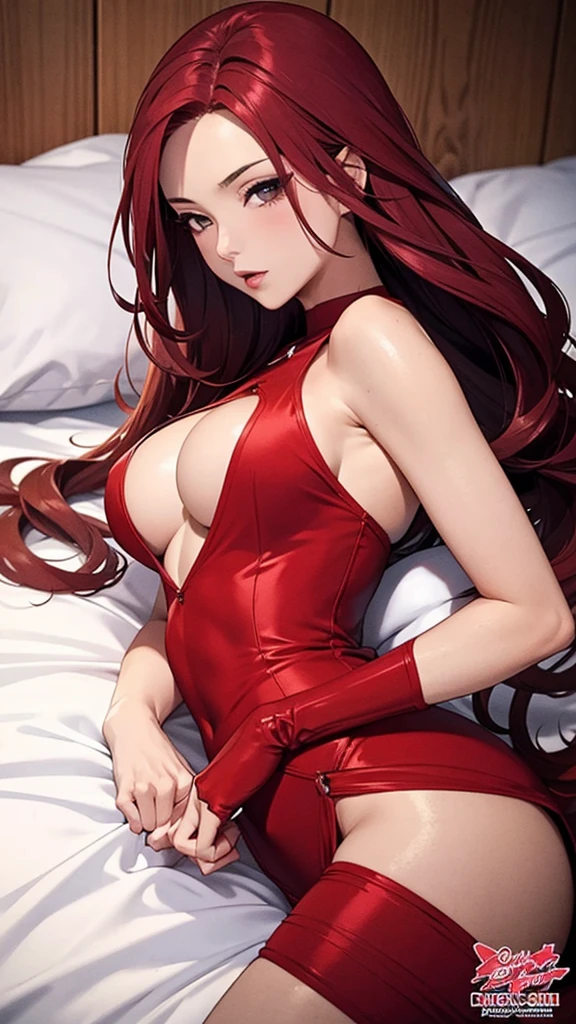 mulher asiatica sensual, anime, qualidade mais alta, mulher abre as pernas, ruiva, cabelos vermelhos, deitada na cama, semi nua