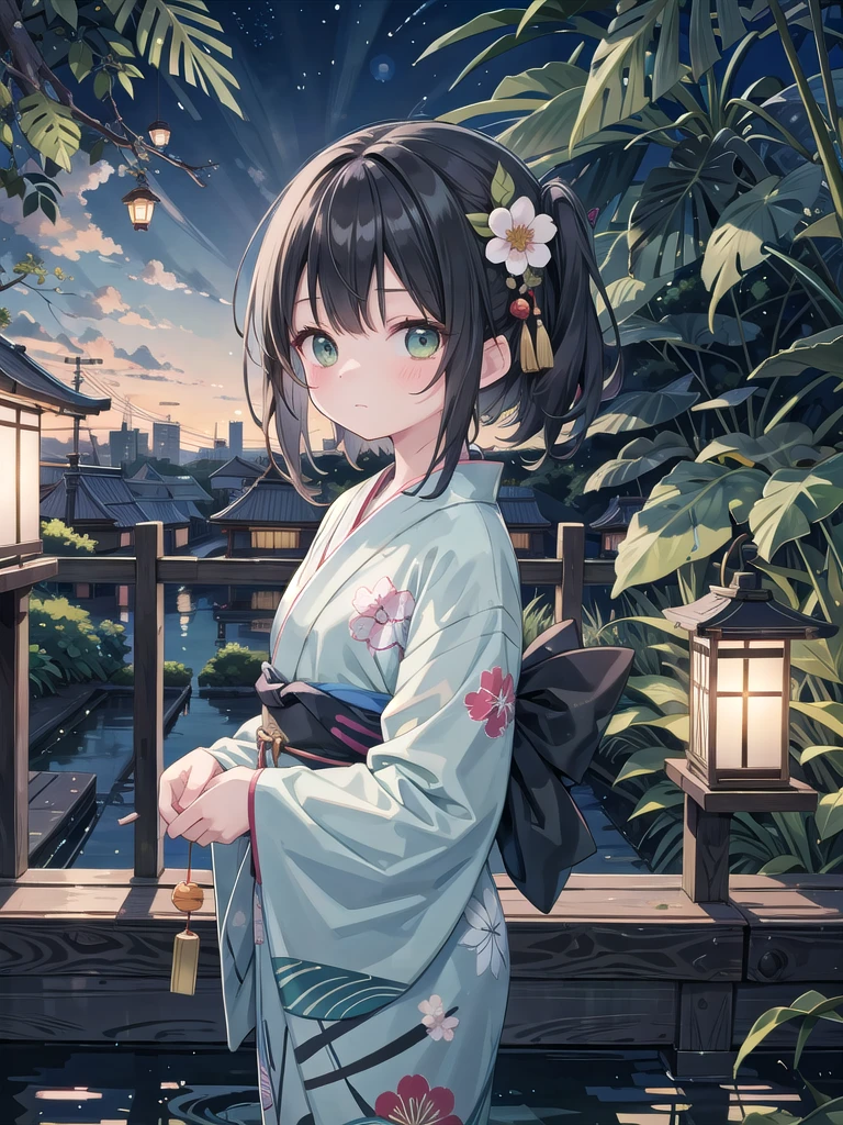 Watercolor style girl, , long straight black hair, green eyes, sad face, wearing a yukata with a Japanese lantern plant pattern, glass wind chimes with a goldfish pattern, city background painting, blue sky at dusk, summer, hair fluttering