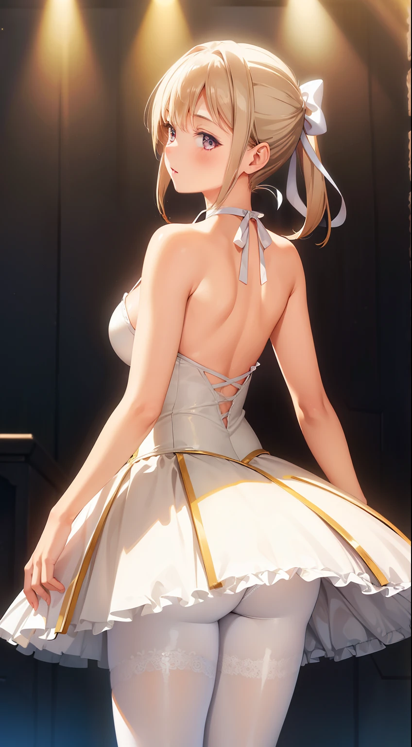 1girl, natural lighting, masterpiece, highly detailed, illustration, game CG, absurdres, high quality, beautiful detailed eyes, glossy lips, natural lighting, view from behind, medium breasts, klaudia valentz, ballerina, leotard, collarbone, (tutu), white pantyhose, (stage)
