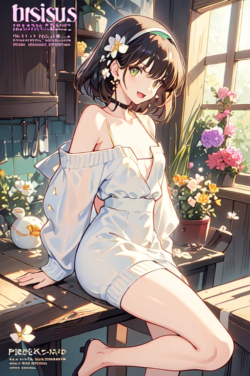 a , 1 girl, girl, afro-american girl, girl with brown hair, (small breasts:1.3), (perky chest:1.1), (pointed chest:1.0), (flowers magazine cover:1.3),(from above:1.2),(from side:0.9),masterpiece, a 18yo girl, Amazing Cleavage:1.1, thin waist, big ass, Raised sexy, small breast: 1.3, posed cleavage:1.2, open mouth, have a cute grass of cute beergrass,black hair, dark green eyes, dress, bare shoulders, jewelry, collarbone, sidelocks, hairband, earrings, indoors, off shoulder sweater:1.1, arms behind back, plant, short hair with long locks, gild hairband, off-shoulder dress, sweater dress, off-shoulder sweater, red sweater, dark gord hair, big side hair, very long side hair,is rendered in (masterpiece: 1.2, best quality), with (ultra high resolution) and an exquisite (depth of field). This masterpiece is not only visually stunning but also tells,A scene of cooking in the kitchen by classroom,looking at viewer,