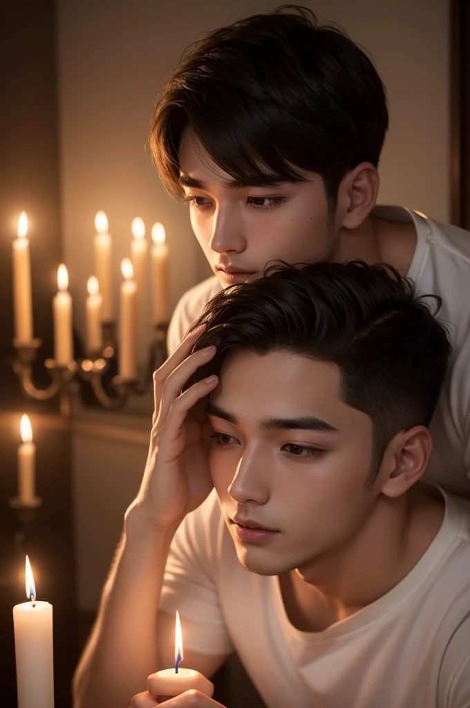 A short haired 21y old handsome boy having a faint candle light illuminating his face