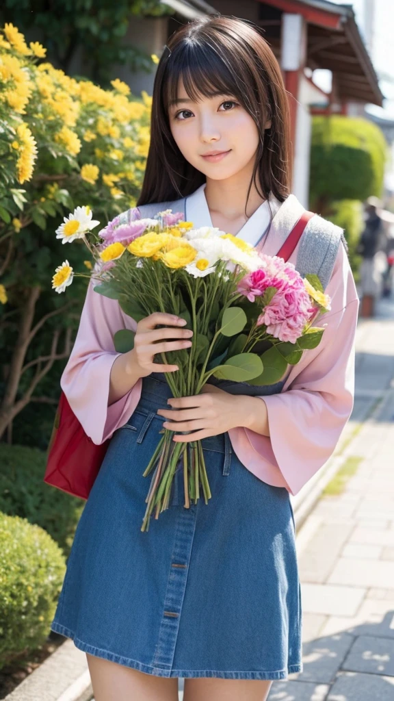 A Japanese girl in her 20s holding a bouquet of flowers