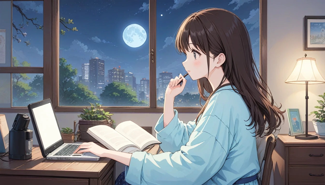 figure, Japanimation Style, super high quality, white, green, Light blue, The refreshing early summer season, night,Crescent Moon, Tokyo, Japanese, Brown Hair,、Loungewear, machine、cute, beautiful girl, Profile close-up, My Room, Machine by the wall, Study while sitting in a chair, Hold the pen in your right hand, Looking at the notebook PC, headphone,The window is open, moonlight,Desk lamp light,Coffee on the machine