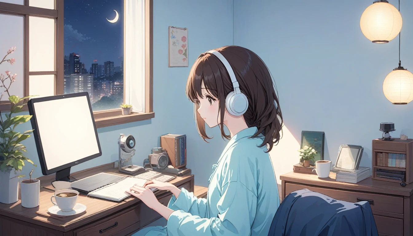 figure, Japanimation Style, super high quality, white, green, Light blue, The refreshing early summer season, night,Crescent Moon, Tokyo, Japanese, Brown Hair,、Loungewear, machine、cute, beautiful girl, Profile close-up, My Room, Machine by the wall, Study while sitting in a chair, Hold the pen in your right hand, Looking at the notebook PC, headphone,The window is open, moonlight,Desk lamp light,Coffee on the machine
