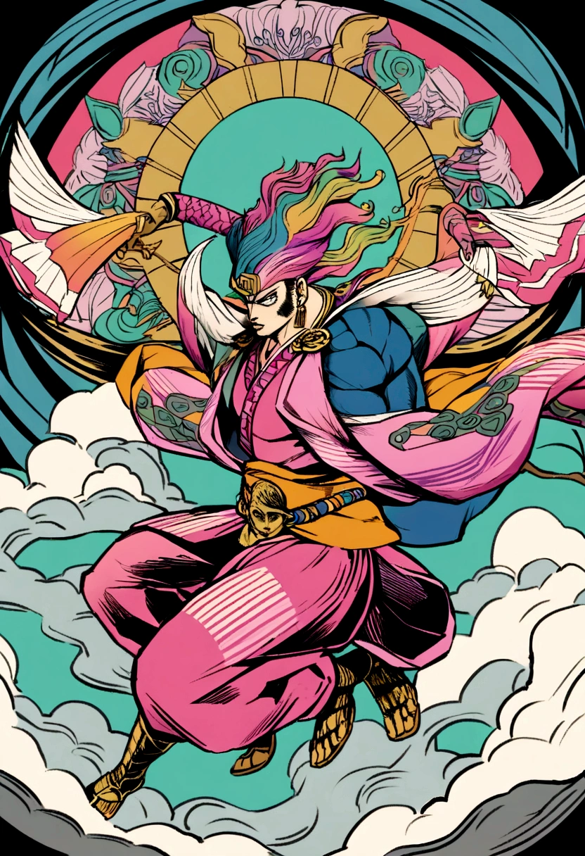 Create an illustration of the classic fairy tale character Momotaro in the style of JoJo's Bizarre Adventure. Momotaro stands in a powerful, dynamic pose, showcasing a muscular and well-defined physique with sharp, angular features and intense, expressive eyes. His hair is styled dramatically, adding to his fierce and stylish appearance.
Momotaro wears an ornate, flamboyant kimono inspired by traditional Japanese elements but infused with the bold, intricate designs and vibrant colors typical of JoJo's characters. The kimono features exaggerated patterns, vivid hues, and unique accessories like sashes, belts, and ornamental details, giving it a modern and stylish twist.
Beside him are his three loyal companions: a dog, a monkey, and a pheasant, each rendered with distinctive, exaggerated designs, showcasing their unique personalities. The background features a surreal, vibrant landscape with dynamic lines and contrasting colors, capturing the dramatic and intense atmosphere characteristic of JoJo's Bizarre Adventure. The overall scene exudes a sense of action, adventure, and the extraordinary, blending the classic tale of Momotaro with the iconic, stylish flair of JoJo's universe.