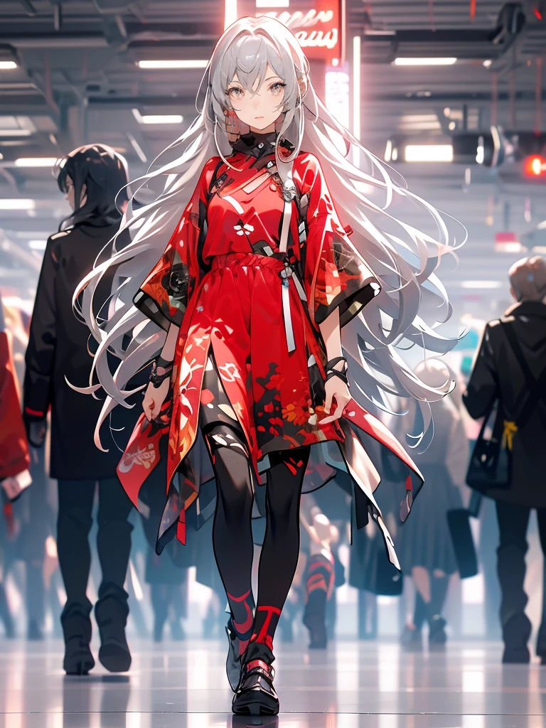 3D-illustration, A Russian girl in her early 20s with ash grey hair, All-red outfit, beautiful face((must)),Correct facial features,A puzzled expression,doubt,Unbelievable