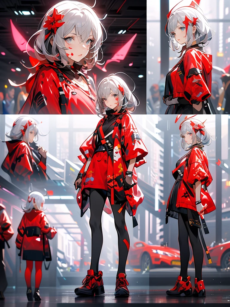 3D-illustration, A Russian girl in her early 20s with ash grey hair, All-red outfit, beautiful face((must)),Correct facial features,A puzzled expression,doubt,Unbelievable
