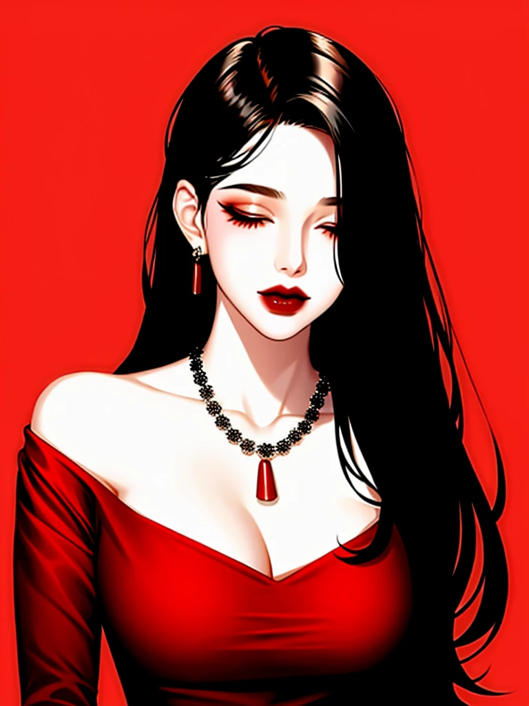 1girl in, Solo, Jewelry, Black hair, Necklace, Red lips, Long hair, Closed eyes, lip stick, makeup, Upper body, Closed mouth, Red dress, Hair over one eye, clavicle, Dress,Red Theme,bad-girl, Large breasts,Shiny skin,(maturefemale),