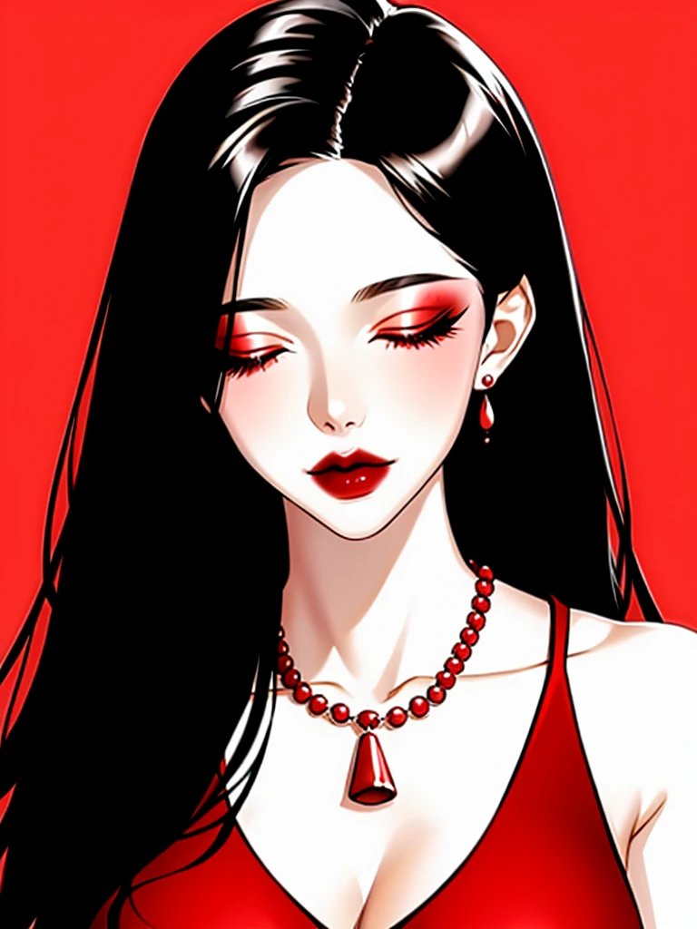 1girl in, Solo, Jewelry, Black hair, Necklace, Red lips, Long hair, Closed eyes, lip stick, makeup, Upper body, Closed mouth, Red dress, Hair over one eye, clavicle, Dress,Red Theme,bad-girl, Large breasts,Shiny skin,(maturefemale),
