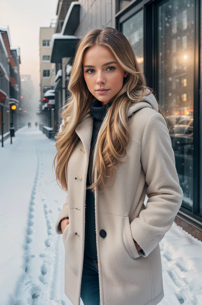 professional portrait photograph of a gorgeous Norwegian girl in winter clothing with long wavy blonde hair, sultry flirty look, gorgeous symmetrical face, cute natural makeup, wearing elegant warm winter fashion clothing, ((standing outside in snowy city street)), stunning modern urban environment, ultra realistic, concept art, elegant, highly detailed, intricate, sharp focus, depth of field, f/1. 8, 85mm, medium shot, mid shot, (((professionally color graded))), bright soft diffused light, (volumetric fog), trending on instagram, hdr 4k, 8k