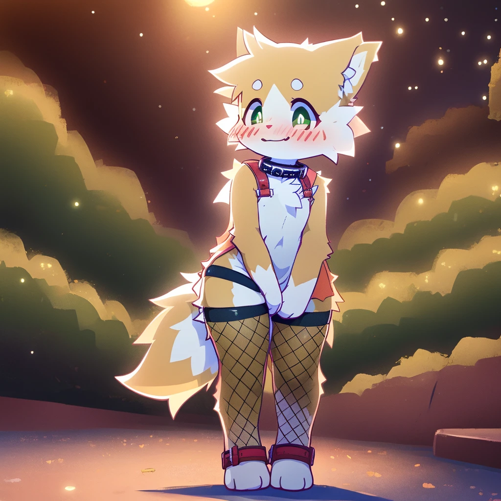 art by dagasi, (solo:1.5), Best Quality, Masterpiece, (Absurdres:), Detailed, Ultra-Detailed, Digital Art, correct anatomy, arms in correct position, full body, (high quality, high res, 4k:1.2), (kid:1.5), (small, youthful), rolo, furry, small, (kid female:1.3), fluffy, light orange fur, green cat eyes, (beautiful eyes), juicy thighs, flushed, embarrassed, small nervous smile, blushing, fluffy tail, eyelashes, slightly enjoying, walking through the park, on a very dark night, very dark, no light, only wearing fishnet stockings, (wearing fishnet sleeves:1.2), (red collar:1.2), (spiked collar:1.1), SFW
