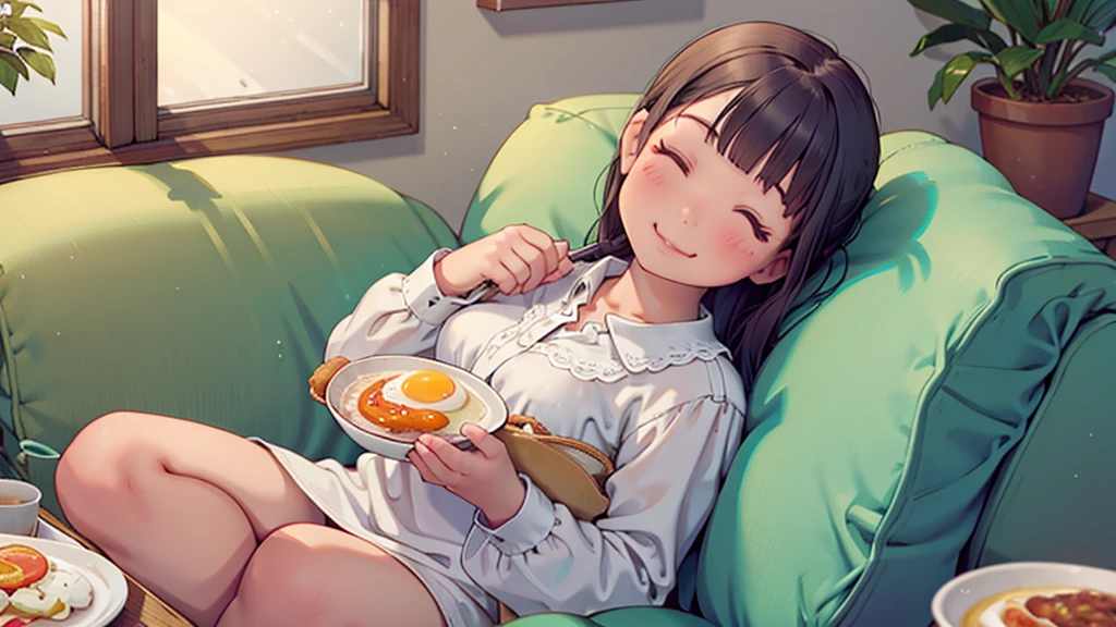 8k, {best quality}, {very aesthetic}, {ultra-detailed}, {best illustration}, High school girl wearing a white blouse, An exquisite living room bathed in the morning sun, {breakfast},　Fried egg,　{{{A big smile with eyes closed}}},　Eat happily, comical,　Small breasts, emo,　Sit on the sofa,
