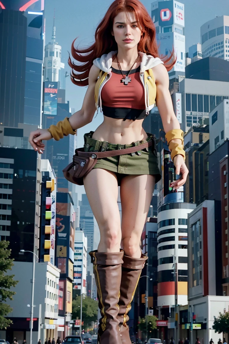 redhaired girl as a superheroine, straight redhaired, bangs, skirt,  super powerful, pink eyes, midriff, riding boots, white socks, toned arms, toned abs, tall and sexy, powerful, superb face, perfect body, tall, happy, smug, large chest, choker collar, 20yo, toned abs, evil smirk, 20yo, gts, giantess, stompinh